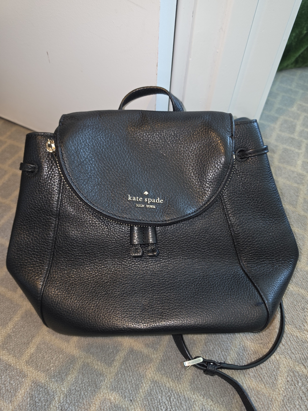 kate spade Black Pebbled Leather Drawstring Backpack